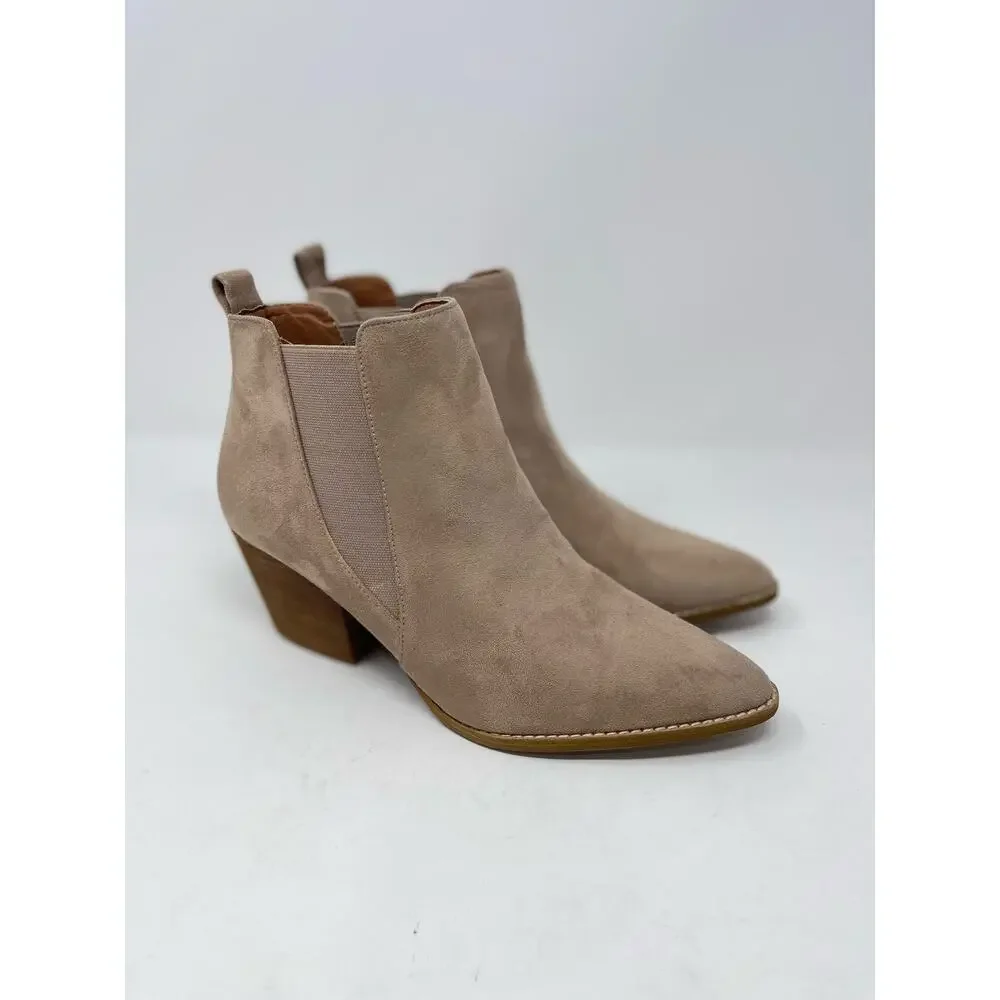 Beast Fashion James II Heeled Taupe Faux‎ Suede Slip On Almond Toe Ankle Boot